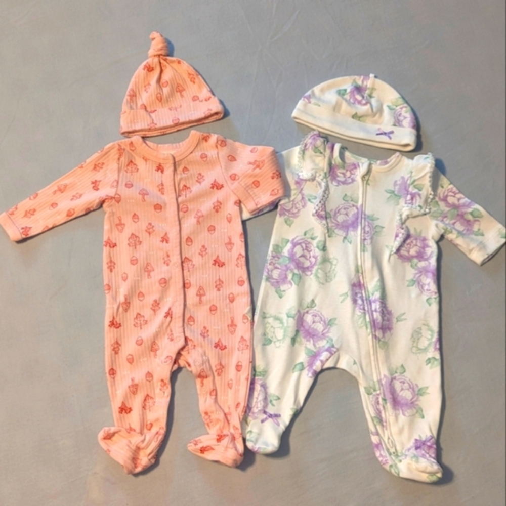 Rabbit + Bear / Little Me Cotton Newborn Baby Matching Outfit. Bundle of 2.